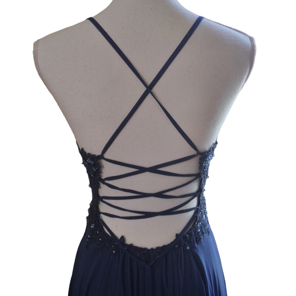 Faviana maxi dress womens sz 2 prom formal glam sequin crisscross back y2k blue - Picture 11 of 13